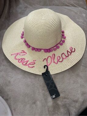 Wide Brim Straw Sun Hat with Pink Pom Trim - "Rose Please"